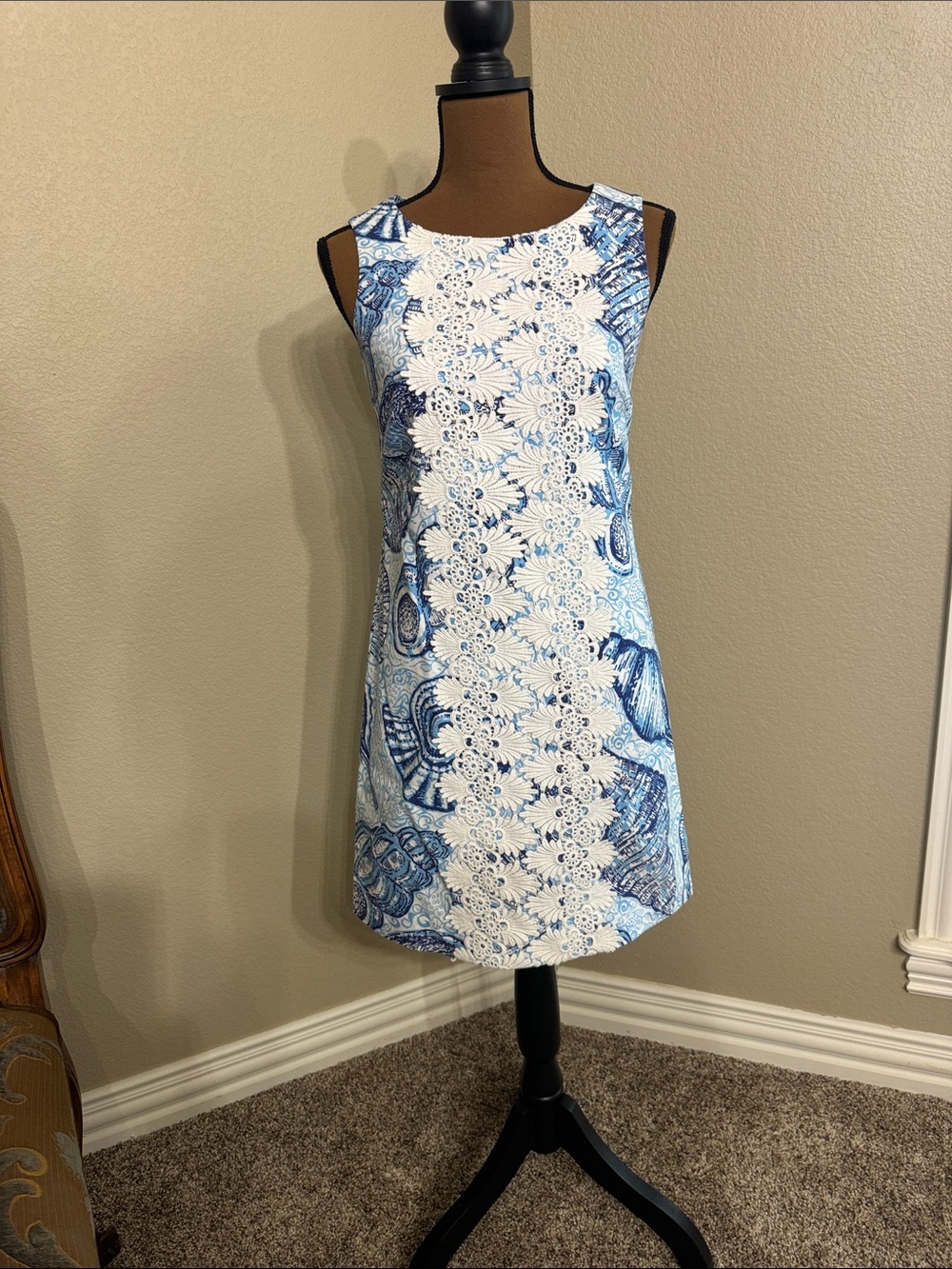Sleeveless Blue & White Lace-Accent Shift Dress